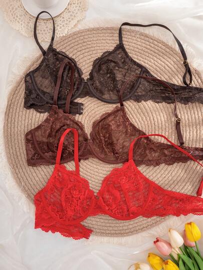 3pcs Women's Solid Color Lace Thin Cup Underwire Comfortable Bras