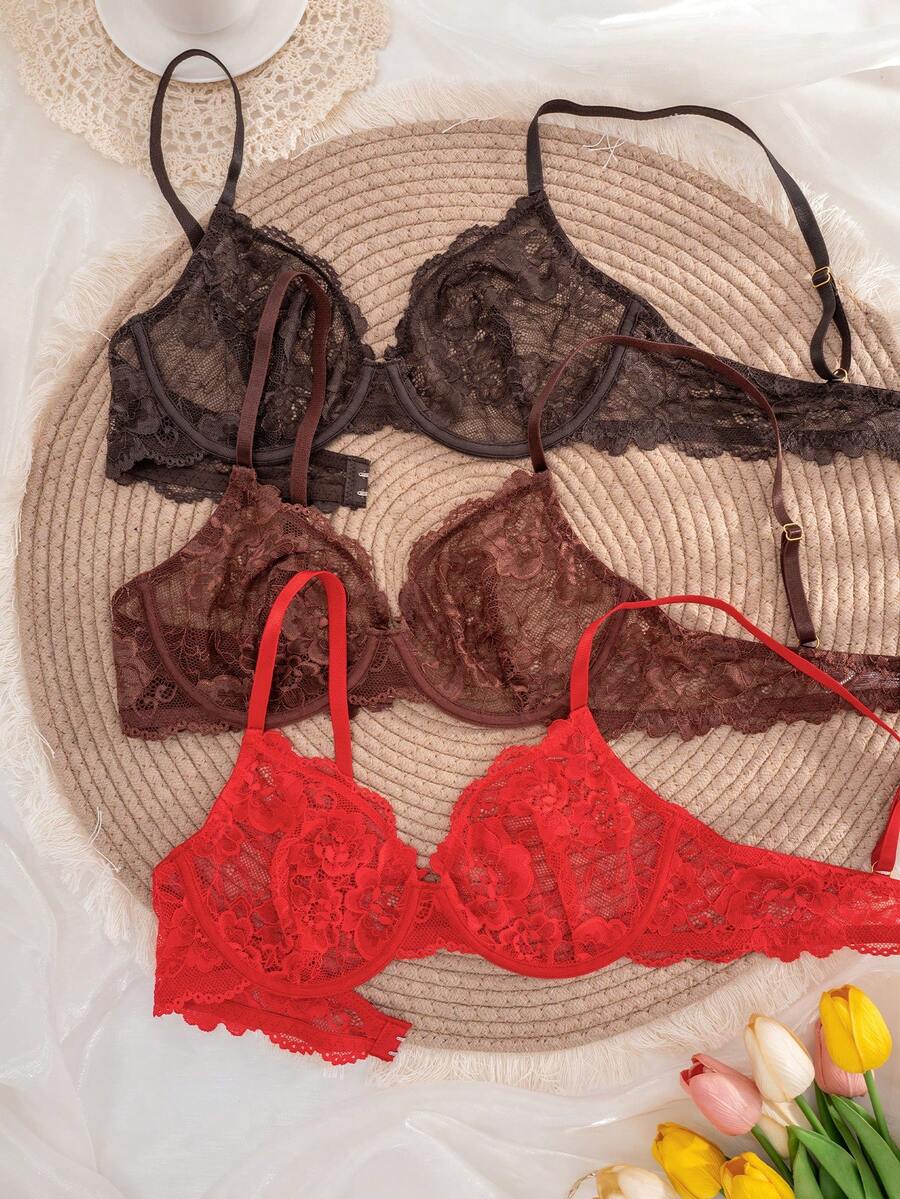 3件装女士纯色蕾丝薄杯钢圈舒适文胸 - 彩色 - 查看 1