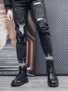 Botas de cano alto masculinas, botas de trabalho estilo motociclista, sola de borracha antiderrapante, cabedal de couro premium, calçados casuais quentes e versáteis para outono/inverno, calçados urbanos para deslocamento e ciclismo