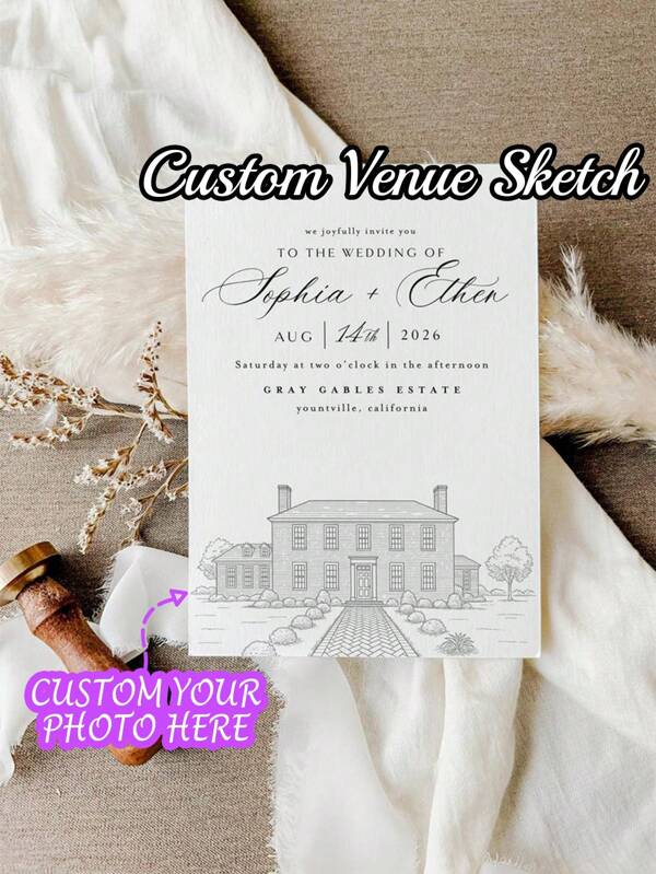 4 Piezas Invitación de Boda con Dibujo de Línea del Lugar - Invitación de Boceto del Lugar de la Boda, Ilustración Personalizada del Lugar de la Boda, Boceto de Invitación