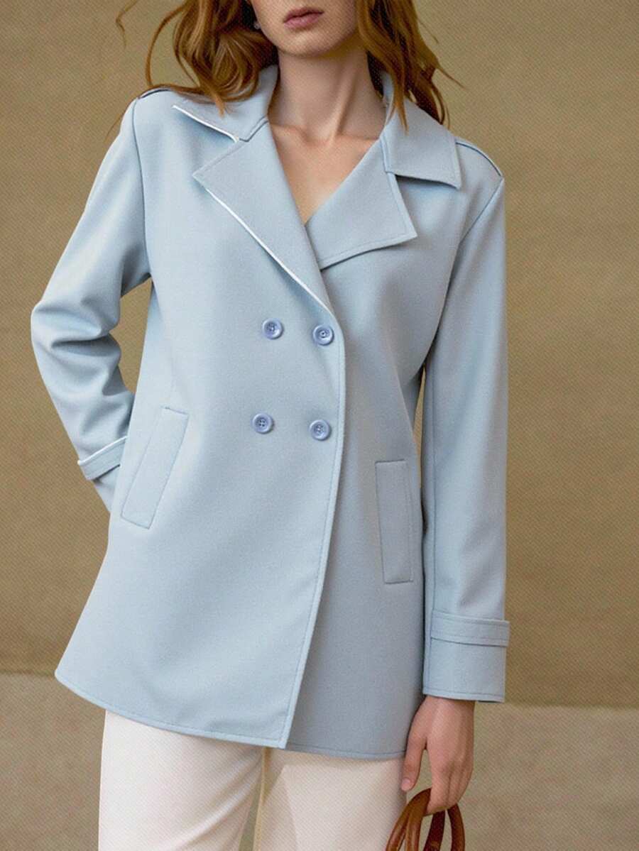 Abrigo corto elegante doble botonadura dama mujer filo blanco ligero liso bolsillos funcionales suelto comodo tela textura casual formal dia noche frio oficina salida fiesta antro cena restaurante primavera otoño - Azul - Ver 1