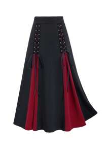 Women's High-Waisted Gothic Skirt With Purple Hem & Cross-Band Detail - Black To Purple Ombre Umbrella Skirt, Machine Washable Spring/Fall Elegant Solid Color Fashion Skirt, High Waisted Skirt, Spring Fall Apparel, Medium Elasticity Fabric - 酒紅色 - 查看 2