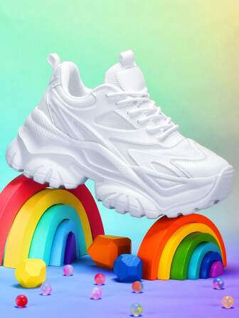 Women's Fashion Casual Sports Shoes, Outdoor, Pure White, Thick Soles, High Heels, Lightweight, Shock-Absorbing, Running Shoes, Summer Breathable Quick-Drying Mesh, Round Toe, Easy Lace-Up, Suitable For Students, Teenagers, Daily Life, Dating, Workout, Office, Non-Slip, Wear-Resistant, Increased Height 7CM, Versatile Wedge Sneakers