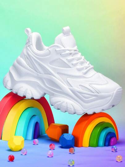 女士时尚休闲运动鞋户外纯白色厚底高跟轻便减震跑步鞋夏季透气速干网眼圆头易系带适合学生青少年日常生活约会健身办公防滑耐磨增高7CM百搭坡跟运动鞋