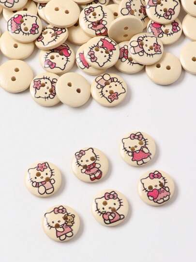 Sanrio 100 st Hello, Kitty  15 mm träknappar - blandpack, Hello, Kitty-mönster, 2 hål, ljusbeige naturliga träknappar för sömnad, stickning, gör-det-själv-pyssel och klädaccessoarer