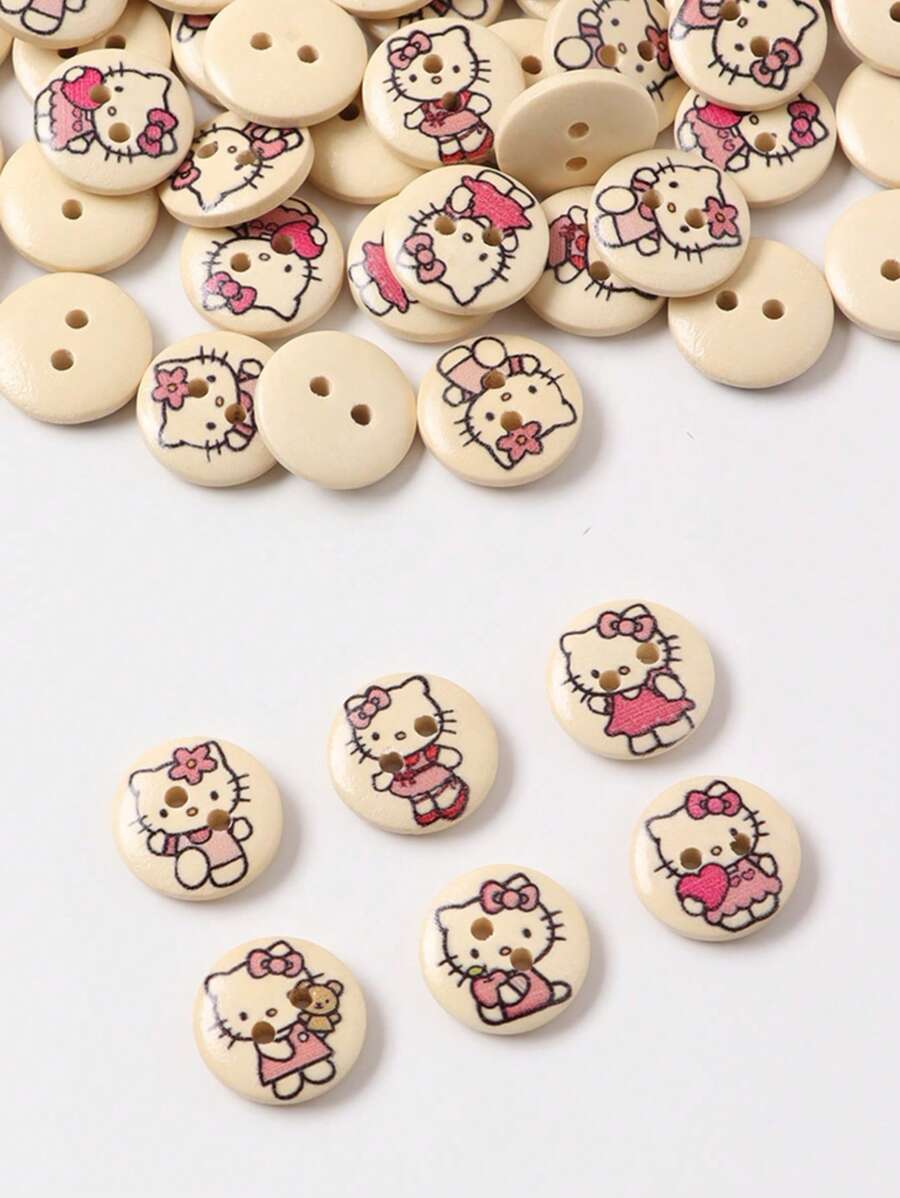 Sanrio 100pcs Hello, Kitty  15mm Wooden Buttons - Mixed Pack, Hello, Kitty Pattern, 2 Holes, Light Beige Natural Wooden Buttons For Sewing, Knitting, DIY Crafts And Clothing Accessories