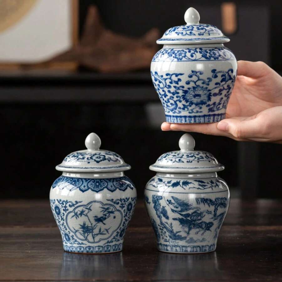 1 Tarro de almacenamiento de porcelana azul y blanco vintage con capacidad de agua de 500ml/1000ml, con lata de té sellada de cerámica de color esmaltado, adecuado para cajas de te, decoraciones de escritorio, frascos de almacenaje para el hogar, accesorios de t - Multicolor - Ver 1