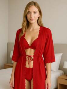 Hobby Lace Detail Nightgown Iza Luxurious Robe - 紅色 - 查看 1