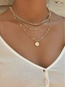 2 件圆形吊坠项链，休闲时尚百搭配饰 - 金黃色 - 查看 1