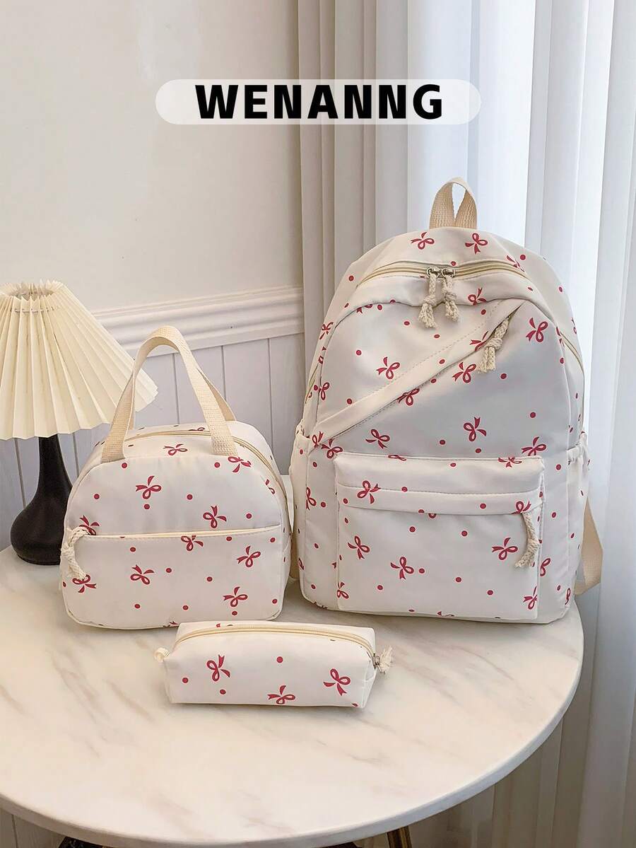 3 Pcs Back To School Backpack Set - Stylish Large Capacity Backpack&Lunch Bag& Pencil Case Multi-Pack,With Laptop Compartment Bow Pattern Nylon Backpack Featuring Adjustable Straps Spacious Multi-Pockets - Lightweight Portable Zipper Bags For Students/Teens/Graduates Perfect For Outdoor/Travel/Middle School/High School /College, Cute Bow Backpack, Bags For University, University Essentials