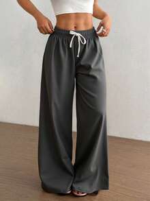 2 pack/2 pacPantalones anchos de algodón y lino para mujer, holgados, con cordón y cómodos - Blanco y Negro - Ver 3