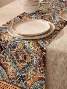 1pc Vintage Mandala Geometric Print Linen Table Runner, Suitable For Holidays, Parties, Birthdays, Dinners, Kitchen & Dining Room Decor, Dresser/Cabinet Cover, All Season Home Decor - Multicolor - View 3