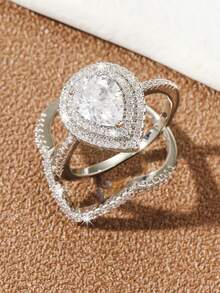 2 piezas Anillos de pareja elegantes y con chispeante circonita en forma de gota de agua, adecuados para boda, compromiso, Día de San Valentín y uso diario