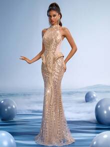 GIFORU Elegant Silver Sequin Prom Dress Halter Mermaid Gown Gold Beaded Wedding Dresses For Bride Women Sparkly Long Graduation New Year Party Dress - Khaki - View 6