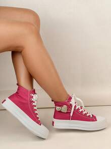 Women High-Top Thick-Sole Rhinestone Glitter Lace-Up Sneakers, Cute & Casual For Walking, Commuting, And Sport - Rose Red - View 2