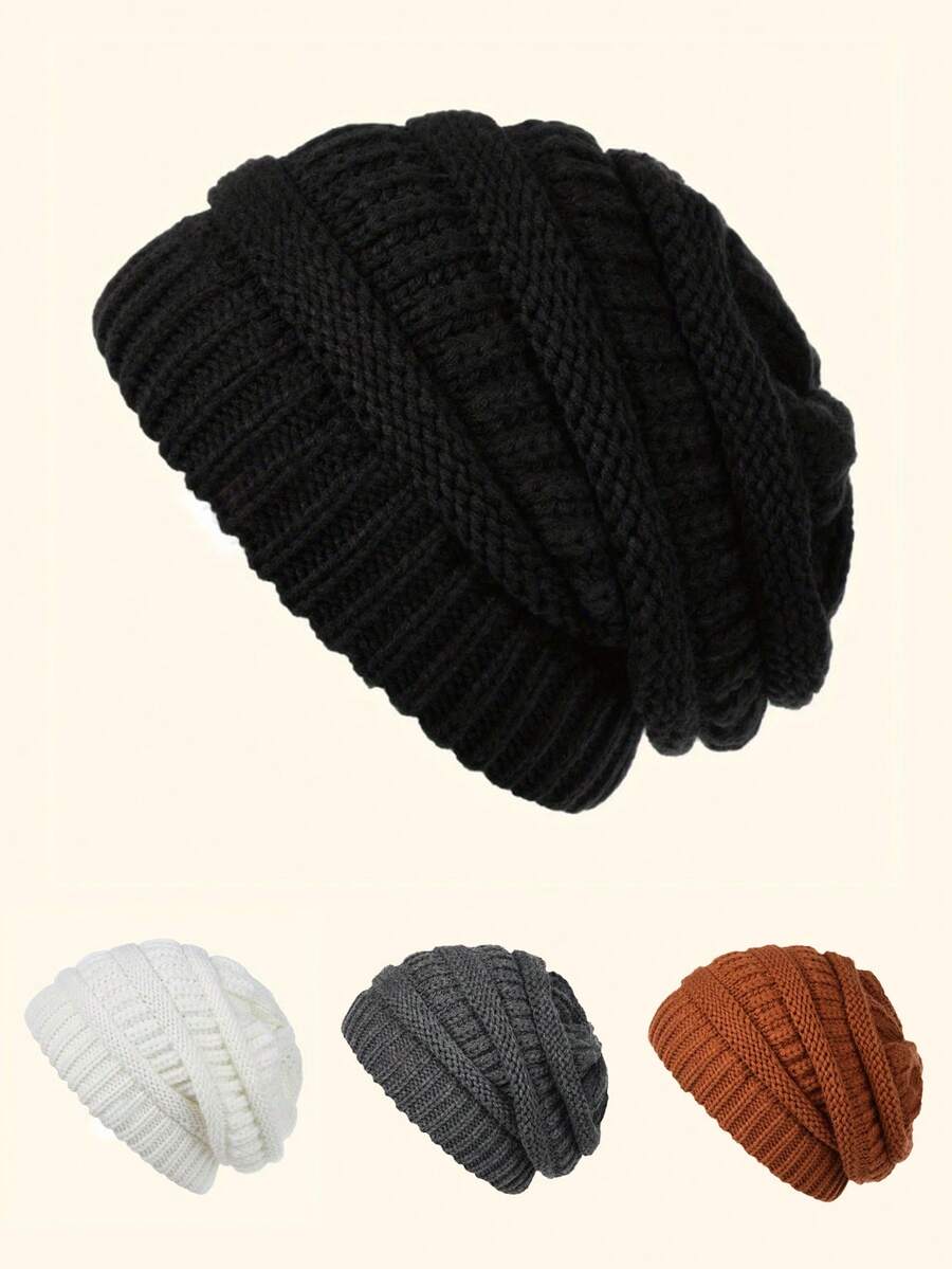 1 Stück gestrickte Beanie Mütze, warm gefüttert, vielseitig, lässig, Polyester, einfarbig, geeignet für Herbst/Winter