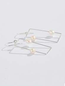 1 Pair Handmade 925 Sterling Silver Natural Baroque Pearl Geometric Rectangle Earrings, Elegant & Unique, Suitable For Women Casual & Work Wear - Rectangular Baroque Pearl Earrings - View 5