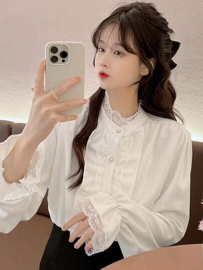 女士纯色荷叶边蕾丝拼布纽扣前开长袖衬衫，休闲，春秋季