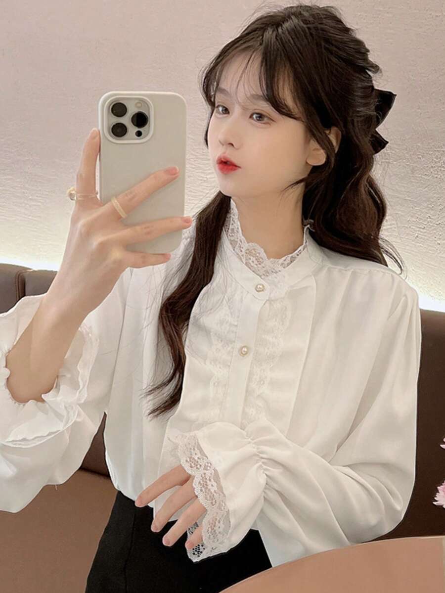 Women Solid Ruffled Lace Patchwork Button Front Long Sleeve Blouse, Casual, Spring/Autumn White - White - View 1