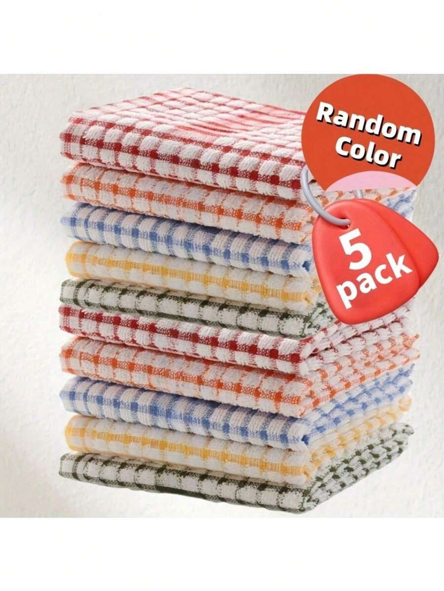 5/10pcs Pieces Of Colorful Checkered Dish Towels - Absorbent Kitchen Cleaning Cloth, Suitable For Use In Bedrooms, Bathrooms And Outdoors, Anti-Shrink Polyester Material (Red, White, Orange, Blue, Green), Reusable, Shrink-Resistant Kitchen Towels - Multicolor - View 1