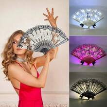 1 PIEZA Abanico plegable de plástico con encaje y LED que se ilumina, abanico de mano para baile, boda, fiesta de cumpleaños, decoración festiva, accesorio luminoso para fiestas