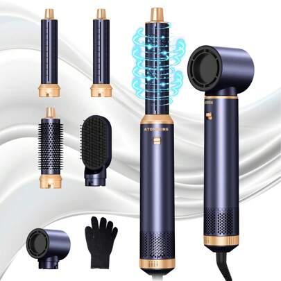 5-In-1 Multi-Functional Heat Styling Brush & Curling Iron | 3 Temp Settings & 5 Interchangeable Heads For Curls, Waves, Smoothing | Back To School Essentials , Prime Day & Summer Travel Gift (Elegant Blue Gold/White Gold/Black Gold Design)