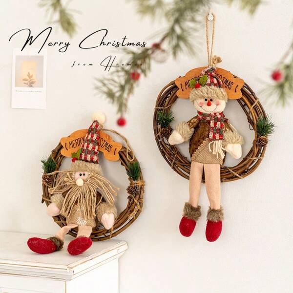 1 pieza Decoración de Navidad, Papá Noel retro americano, muñeco de nieve, reno, aro de ratán, cartel de bienvenida, colgante de puerta, adorno navideño de madera, artículos de decoración para fiesta de vacaciones, adecuado para sala de estar, comedor y dormitorio