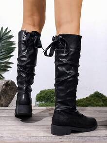 1 Pair Plus Size Women's Solid Color Bow Decor Chunky Heel Over-The-Knee Boots, Vintage Casual Outdoor Leisure, Back Bow Glossy Chunky Heel Over-The-Knee Boots, Vacation Outdoor Autumn/Winter - Black - View 5