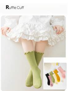 1/2/3/7 双随机儿童纯色木褶边袜子，春夏秋季糖果色蕾丝袜，女童袜子，舒适柔软，网眼透气，运动时尚中筒儿童袜子，适合日常穿着