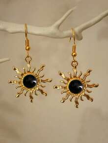 1 Pair Bohemian Style Baroque Sunflower Faux Jade Plated Gold Dangle Earrings, Elegant & Fashionable Earring Hooks - Sun - View 8