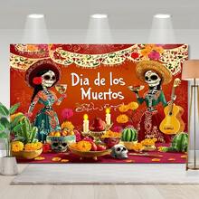1PC 2D Flat Polyester Death Background, Sugar Skull And Flower Theme, Decoration For Dead Day Party Photo Shooting