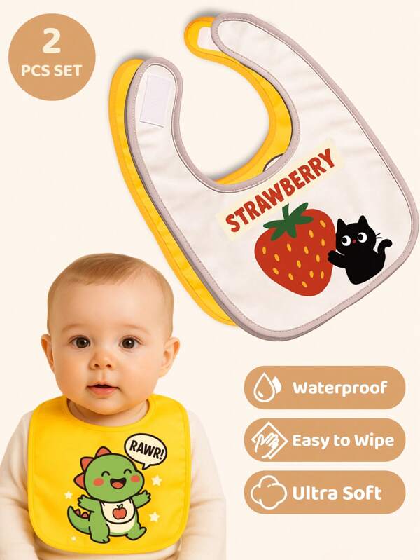 2 Packs Baby Bibs Waterproof Soft Feeding Set, Cartoon Dinosaur & Strawberry Cat Print, Easy Clean For 6–24 Months, Adjustable