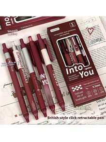 5支/套复古迷人波尔多红色压纹0.5毫米中性笔，返校，文具，可爱用品，学校色彩，文具，书写笔，奇特的礼物，便宜的物品，酷炫的装饰品