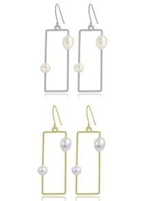 1 Pair Handmade 925 Sterling Silver Natural Baroque Pearl Geometric Rectangle Earrings, Elegant & Unique, Suitable For Women Casual & Work Wear - Rectangular Baroque Pearl Earrings - View 9