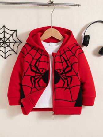 Chaqueta con capucha de forro polar con estampado de araña de dibujos animados, de manga caída y cremallera, para niños, informal, para otoño/invierno