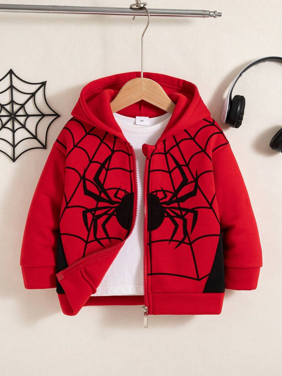 男童休闲卡通蜘蛛印花拉链落肩连帽羊毛夹克外套，秋冬