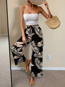 Women's Bohemian Style Tropical Print Pajama Pants - Leaf Design, Loose Fit, Perfect For Summer Nights, Casual Pants | Tropical Print Pants | Vacation - Black - View 1