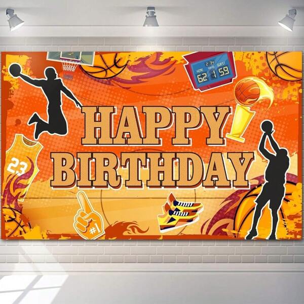 Pancarta de fondo de cumpleaños con diseño plano de baloncesto feliz, decoración de fiesta con tema de baloncesto, telón de fondo fotográfico con tema deportivo, cabina fotográfica con tema de equipo de baloncesto juvenil