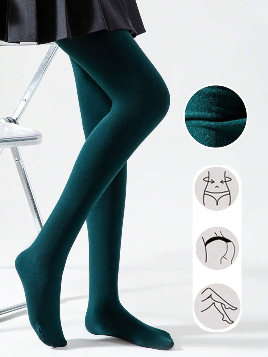 1 Pair Women's Olive Green Fleece Tights, Elastic Figure-Hugging Soft Brushed Tights For Spring & Autumn, Cozy - Dark Green - View 1