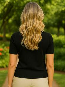 Women's Short Sleeve Blouse | Short Sleeve Blouse | Summer Blouse | Short Sleeve Elastane Blouse - 黑色 - 查看 6