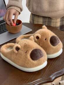 1 双男女款可爱卡通保暖厚底一脚蹬拖鞋，适合秋冬季