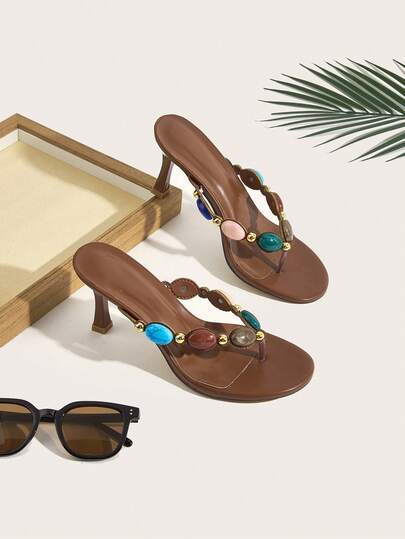 Sandalias de tacón alto con tira entre los dedos y decoración de piedras preciosas de estilo bohemio para mujer, sandalias de tacón cómodas y de moda casual