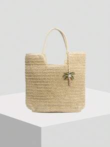 1 Pieza Bolsa de papel trenzada de gran capacidad con estilo de ocio y vacaciones, de unicolor, con decoración de colgante de ojo del diablo, bolsa de playa de un solo hombro para mujer, adecuada para vacaciones al aire libre, viajes diarios, ocio y combinación de ropa de moda. - Multicolor - Ver 16