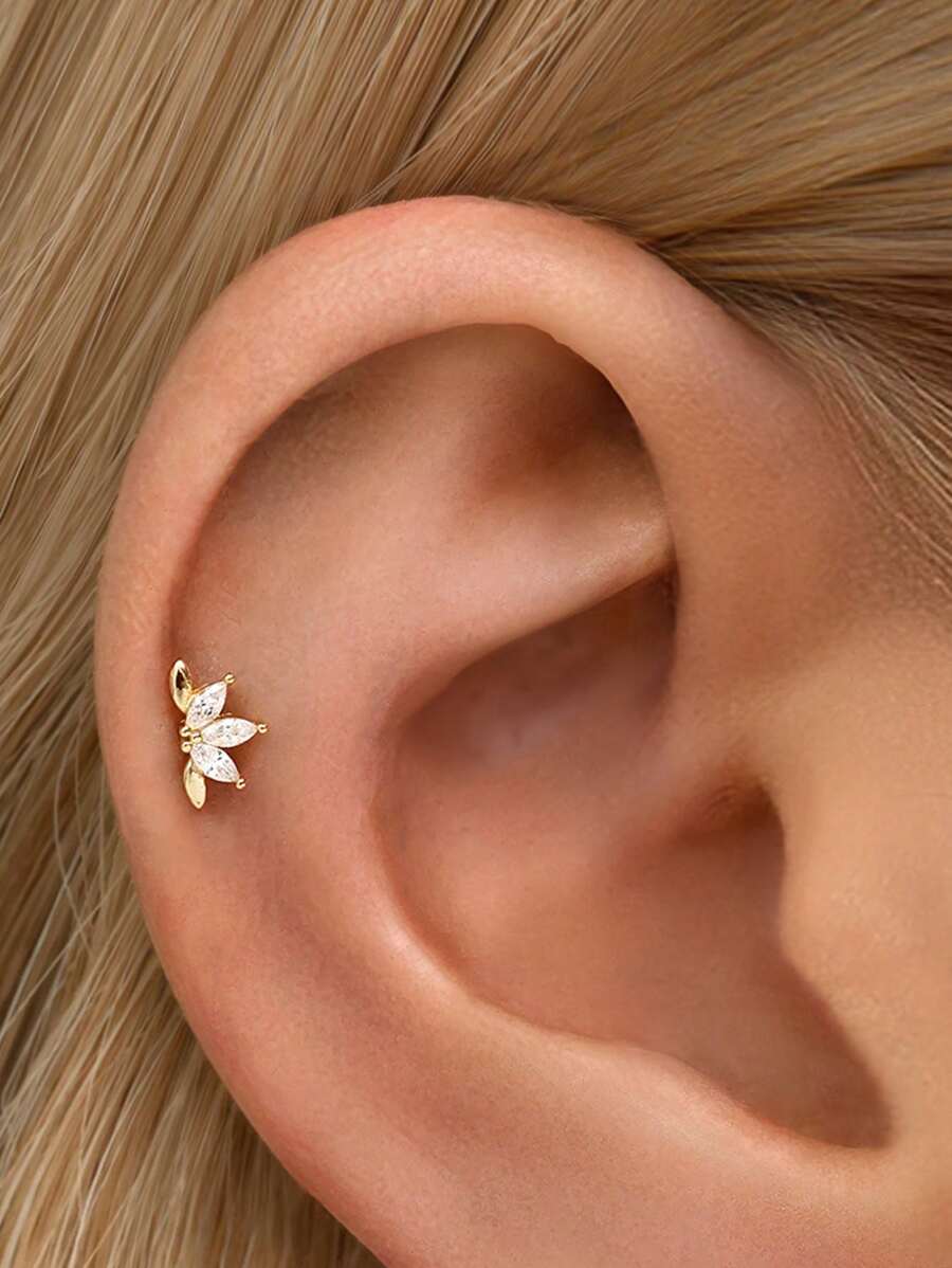 1pc Gold Tiny Lotus Internally Threaded Labret | 925 Sterling Silver Hypoallergenic Flower Stud Earrings | Cartilage Helix Stud | Flat Back Labret Stud | Nose Stud | For Women And Men Daily Wear - Multicolor - View 1