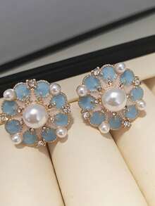 Vintage French Style Blue Enamel Flower Earrings With Imitation Pearls, Elegant Daily & Party Wear, All-Season Accessory - 藍色花朵耳環 - 查看 6