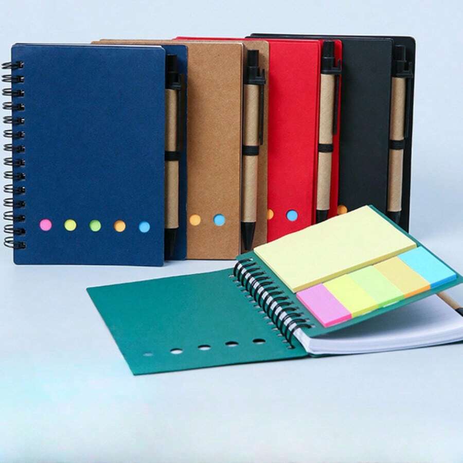 1pc Spiral Pocket Notebook With Pen Holder, Sticky Notes And Colored Index Tabs - Durable Brown Paper Cover Journal - 4.1"X5.3" - Compact Portable Size (Card Order Is Random)