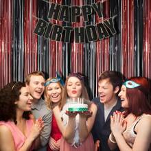 1 Pack Black Red Party Streamers Backdrop - GREATRIL Foil Fringe Tinsel For Stranger/Friday Party/Halloween Party Decorations - 3.2ft X 6.6ft