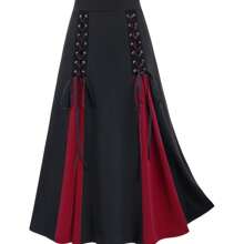 Women's High-Waisted Gothic Skirt With Purple Hem & Cross-Band Detail - Black To Purple Ombre Umbrella Skirt, Machine Washable Spring/Fall Elegant Solid Color Fashion Skirt, High Waisted Skirt, Spring Fall Apparel, Medium Elasticity Fabric - 酒紅色 - 查看 1