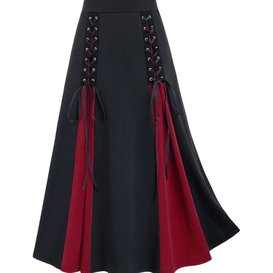 Women's High-Waisted Gothic Skirt With Purple Hem & Cross-Band Detail - Black To Purple Ombre Umbrella Skirt, Machine Washable Spring/Fall Elegant Solid Color Fashion Skirt, High Waisted Skirt, Spring Fall Apparel, Medium Elasticity Fabric - 酒紅色 - 查看 1