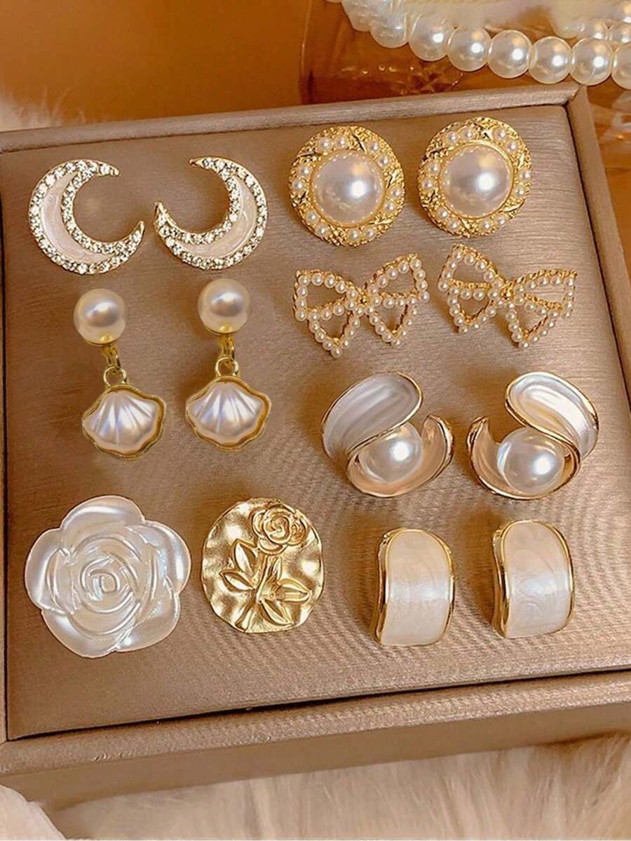 Set de 7 piezas de aretes elegantes y versátiles con cristales, medias lunas, conchas, formas geométricas, perlas falsas, lazos huecos y flores asimétricas, adecuados para uso diario y festividades de mujeres - Multicolor - Ver 1